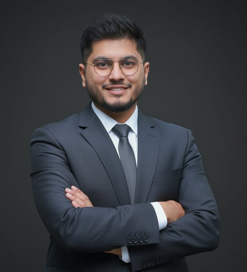Bishal Barua in a charcoal suit, studio portrait